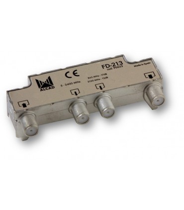 FD-213  Derivador blindado, compensado, conector F, 2 salidas a 17,5 dB (860 MHz), a 12 dB (2150 MHz)