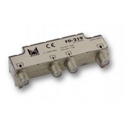 FD-219  Derivador blindado, compensado, conector F, 2 salidas a 24 dB (860 MHz), a 17,5 dB (2150 MHz)
