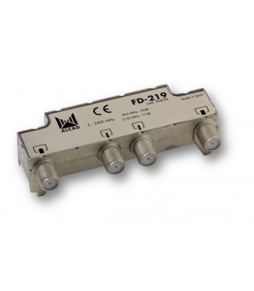 FD-219  Derivador blindado, compensado, conector F, 2 salidas a 24 dB (860 MHz), a 17,5 dB (2150 MHz)