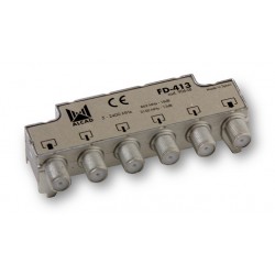 FD-413  Derivador blindado, compensado, conector F, 4 salidas a 18,5 dB (860 MHz), a 13,5 dB (2150 MHz)
