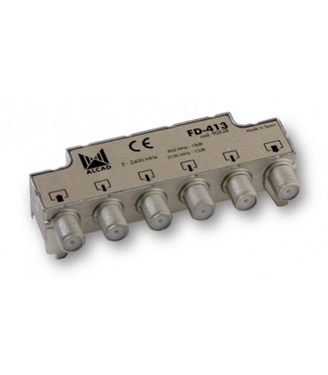FD-413  Derivador blindado, compensado, conector F, 4 salidas a 18,5 dB (860 MHz), a 13,5 dB (2150 MHz)