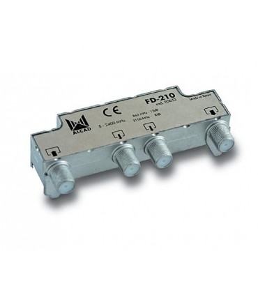 FD-210  Derivador blindado, compensado, conector F, 2 salidas a 13 dB (860 MHz), a 8,5 dB (2150 MHz)