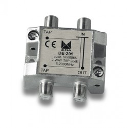 DE-205  Derivador 2 salidas a 22 dB, plano, 5 a 2300 MHz, blindado, con conector F