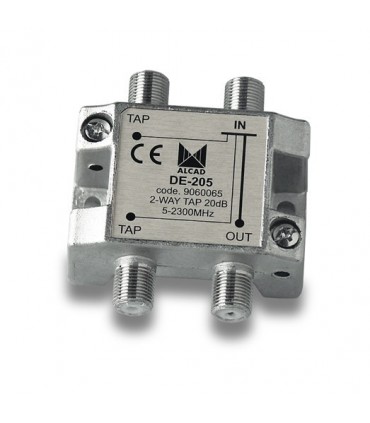 DE-205  Derivador 2 salidas a 22 dB, plano, 5 a 2300 MHz, blindado, con conector F