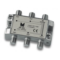 DE-401  Derivador 4 salidas a 15 dB, plano, 5 a 2300 MHz, blindado, con conector F