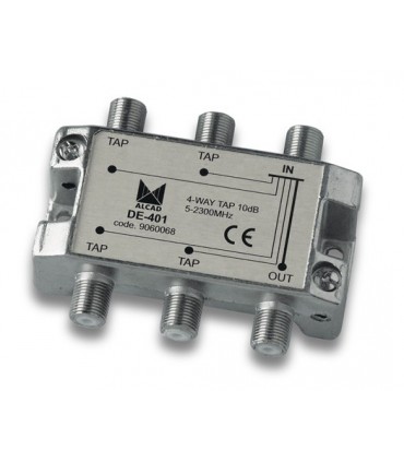 DE-401  Derivador 4 salidas a 15 dB, plano, 5 a 2300 MHz, blindado, con conector F