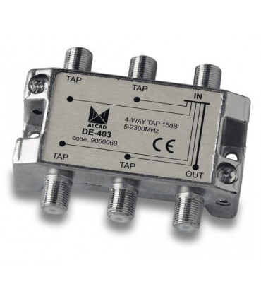 DE-403  Derivador 4 salidas a 17,5 dB, plano, 5 a 2300 MHz, blindado, con conector F