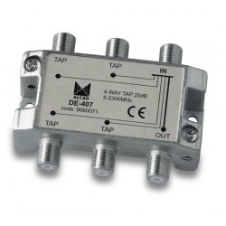 DE-407  Derivador 4 salidas a 28,5 dB, plano, 5 a 2300 MHz, blindado, con conector F