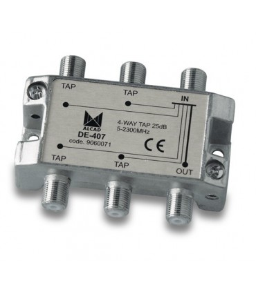 DE-407  Derivador 4 salidas a 28,5 dB, plano, 5 a 2300 MHz, blindado, con conector F