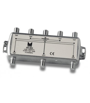 DE-603  Derivador 6 salidas a 21 dB, plano, 5 a 2300 MHz, blindado, con conector F