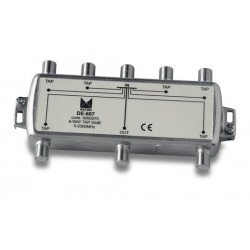 DE-607  Derivador 6 salidas a 27,5 dB, plano, 5 a 2300 MHz, blindado, con conector F