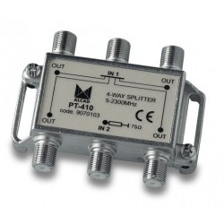 PT-410  Punto de acceso al usuario con distribuidor 4 salidas 10,5 dB (2150 MHz), 5 a 2300 MHz, blindado, con conector F