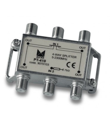 PT-410  Punto de acceso al usuario con distribuidor 4 salidas 10,5 dB (2150 MHz), 5 a 2300 MHz, blindado, con conector F